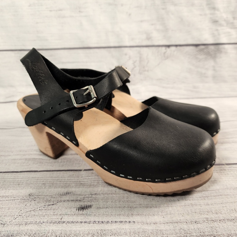 Lotta from Stockholm Black Leather Swedish High Heel Clogs EU 38  US 7.5